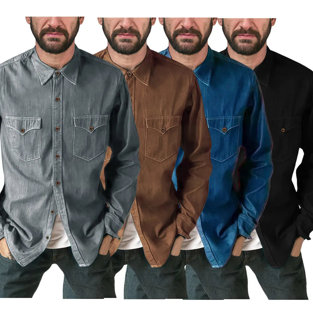 A khaki cotton denim cardigan coat hanging, showing its open front and regular fit.