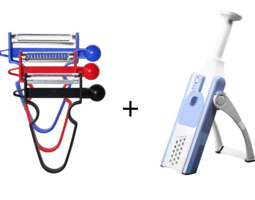 White and blue multifunctional vegetable slicer with stainless steel blades on a kitchen counter.