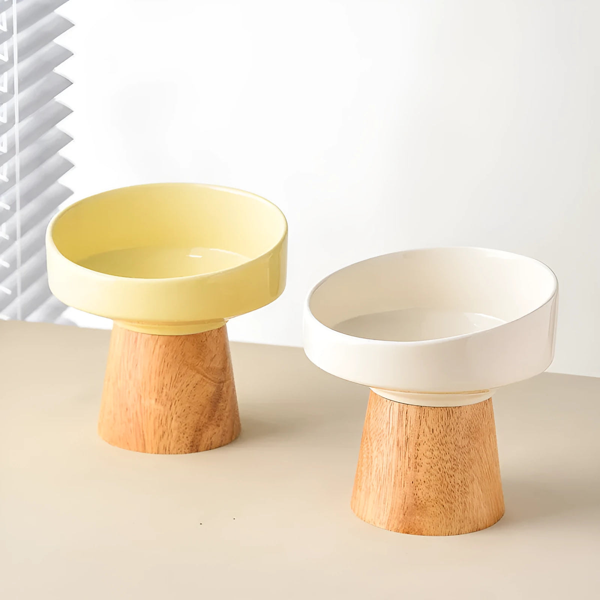 Ceramic pet bowl for cats and small dogs in beige with elevated rim, food and water dish