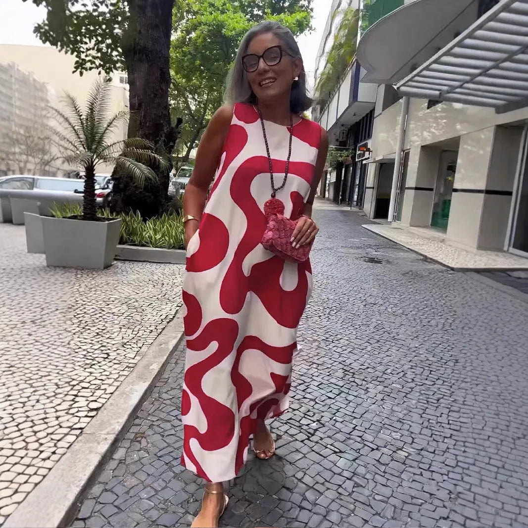New V-neck printed sleeveless casual dress for women in rose red with A-line skirt