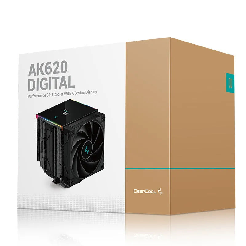 Black tower CPU air cooler with fan and aluminium fins, showing digital display on side.