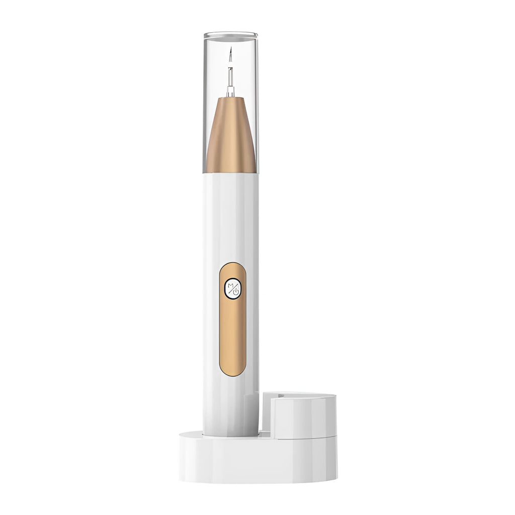 Gold-handled ultrasonic tooth cleaner with stainless steel tips for removing tartar and stains.