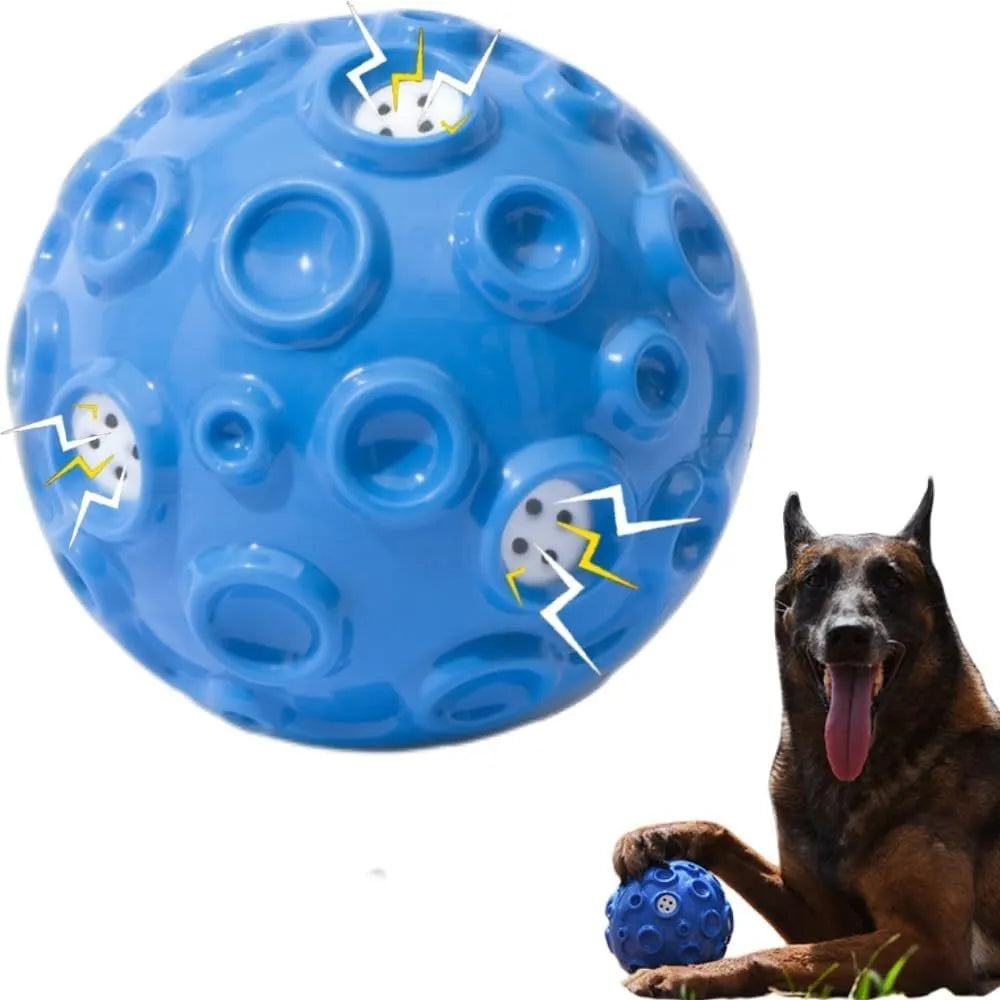 Durable rubber dog chew ball in multiple colours with squeaky sound and teeth-cleaning bumps.