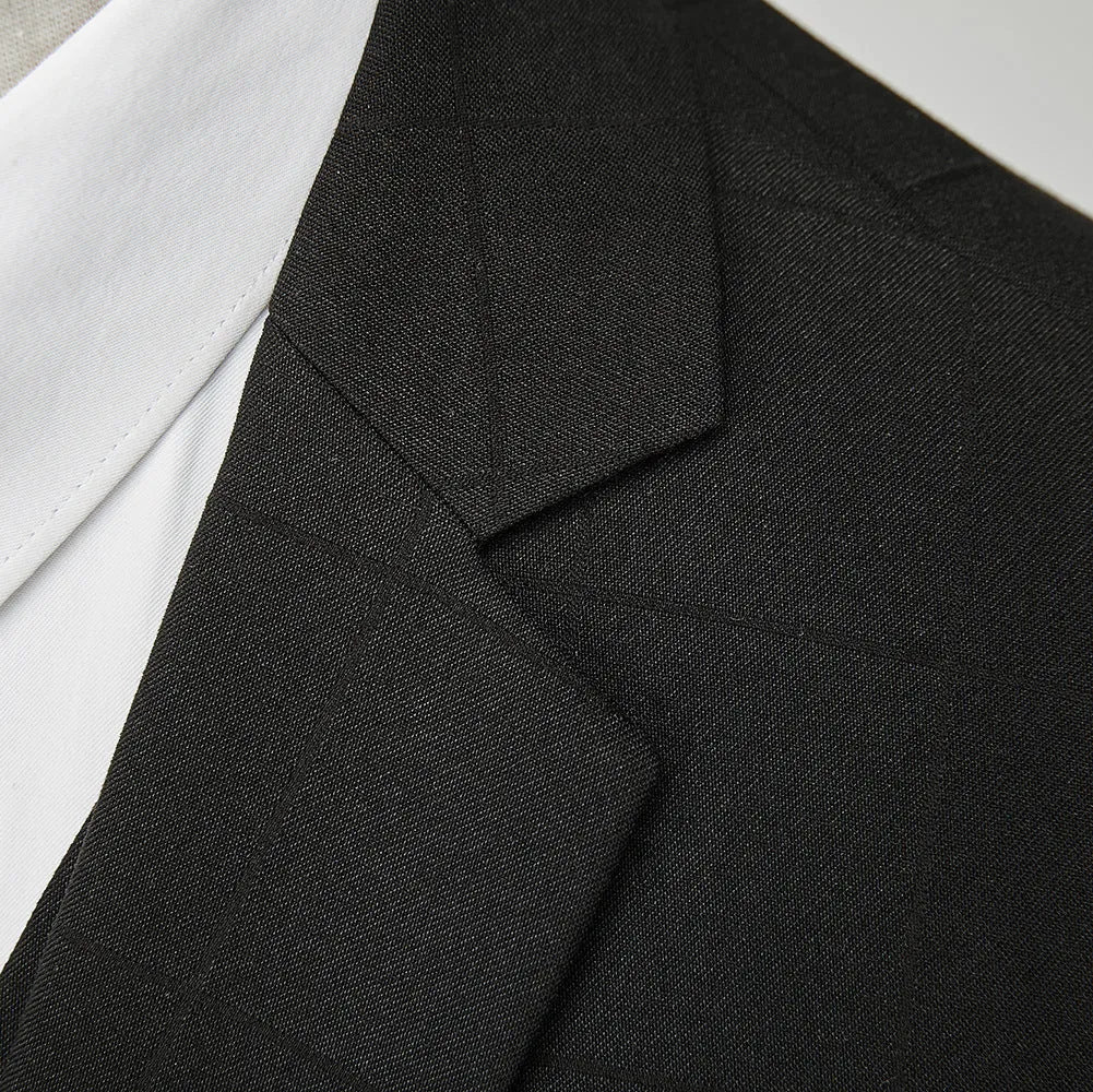 Men's navy blue plaid slim fit three-piece suit with jacket, vest and trousers on hanger
