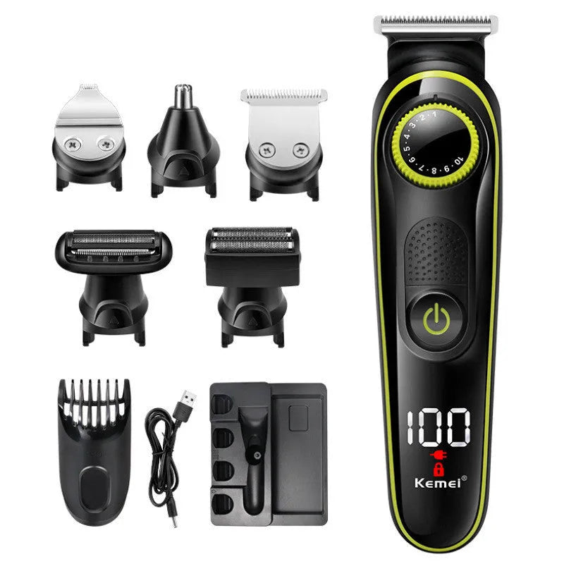 Black household electric hair clipper set with stainless steel blades and USB charging cable.