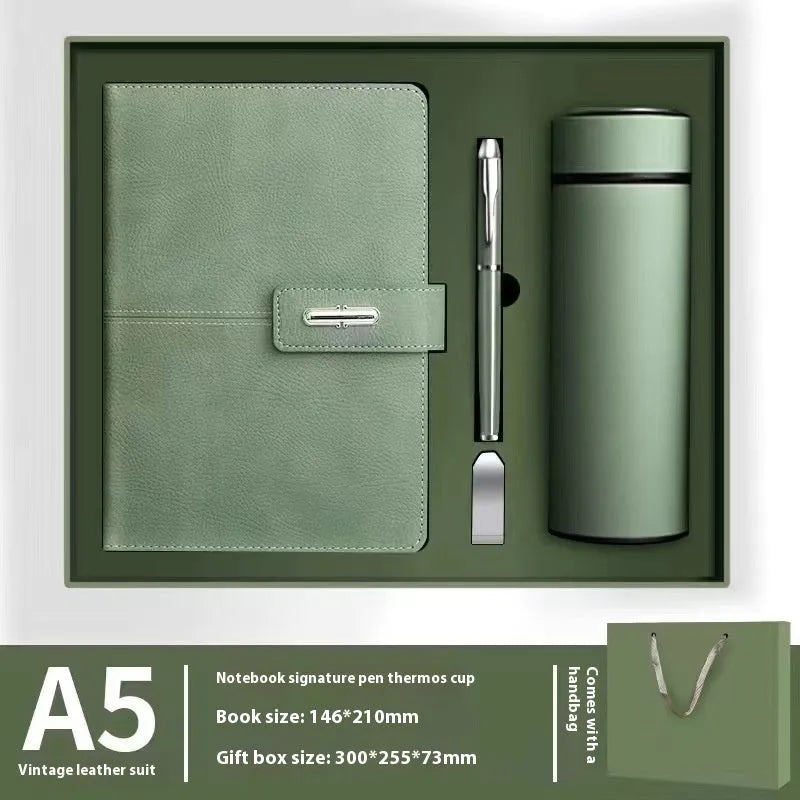 A5 notebook with PU leather cover in choice of colour, shown open on wood-free paper pages.