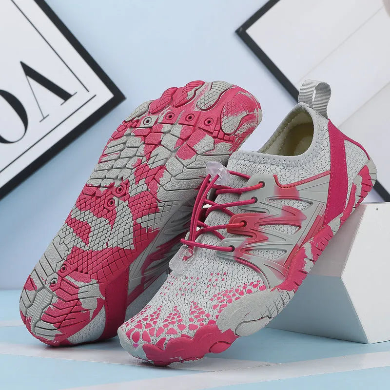 Men's and women's quick-drying lace-up beach wading shoes in various colours on a non-slip rubber sole.