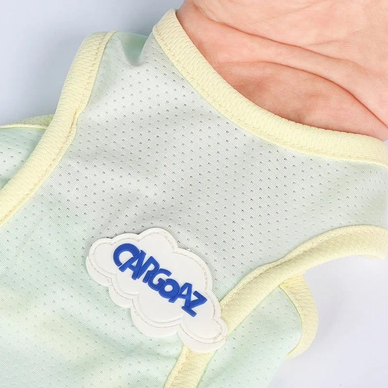 Grass green polyester vest for a cat on a white background, showing a sports-style fit.