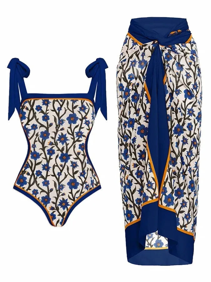 Women's printed floral chiffon swimsuit two-piece set with matching hip skirt