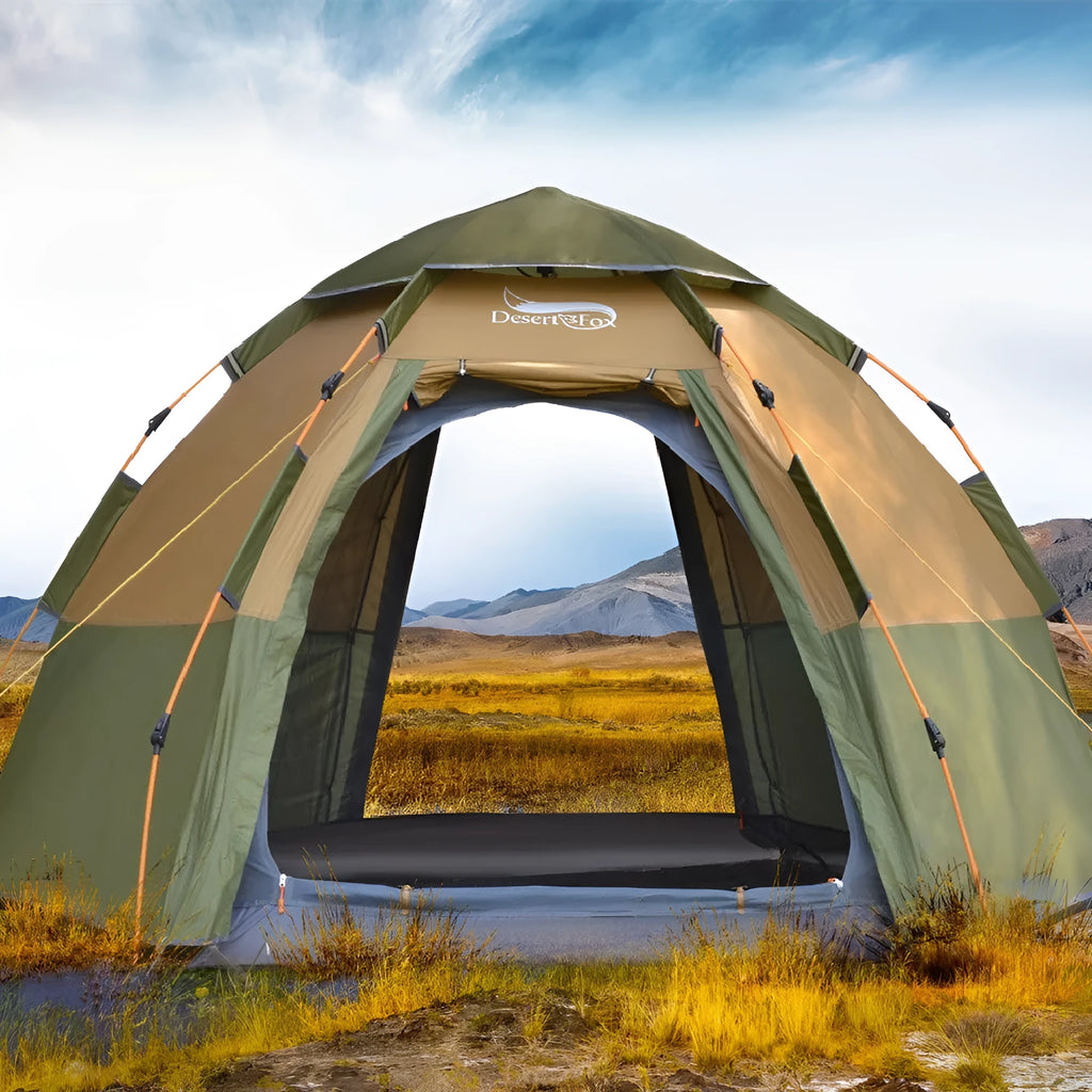 Khaki fully automatic hexagonal camping tent for 5-8 people with rain cover and two entry gates set up outdoors