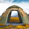Khaki fully automatic hexagonal camping tent for 5-8 people with rain cover and two entry gates set up outdoors