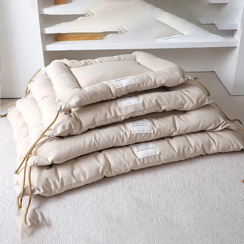 Tied dog cage cushion in beige colour showing platform design and attachment ties for metal pet cages