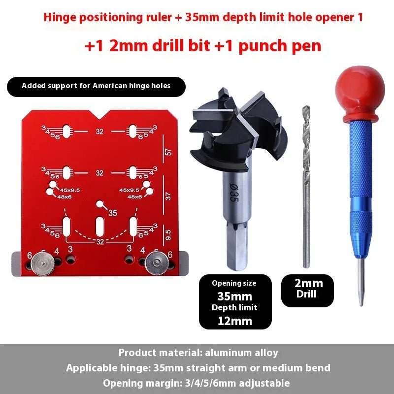 Red aluminium alloy hinge punch locator tool for 35mm cabinet hinge installation with adjustable margin settings