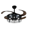 American retro industrial style ceiling fan lamp with acrylic blades and shade, remote control on table.
