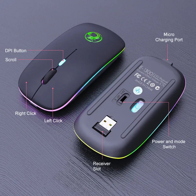 Black or white dual-mode wireless silent mouse with scroll wheel, shown with USB charging cable.