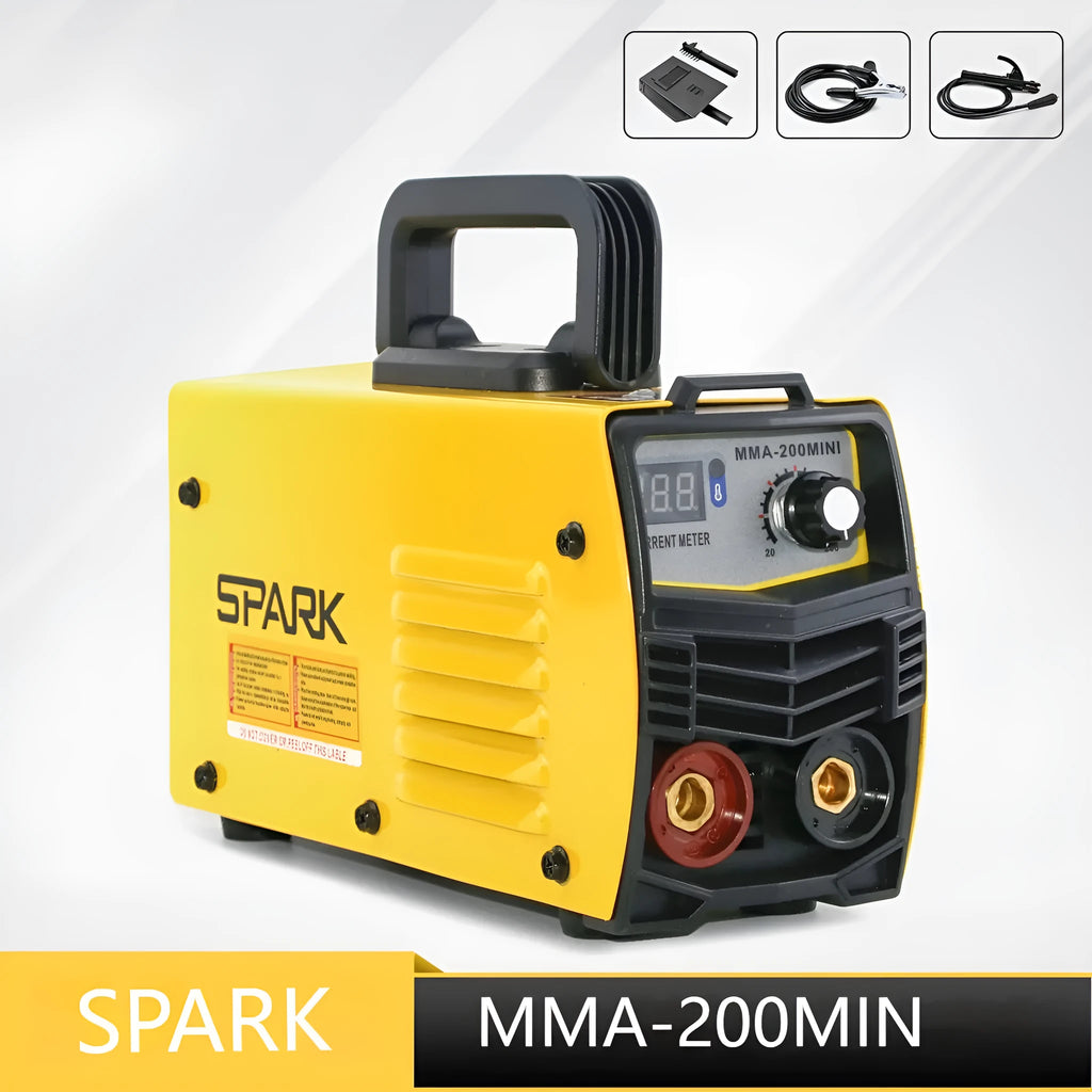 MMA-200MIN compact 220 volt DC inverter stick welding machine with electrode holder and face shield on a workbench.