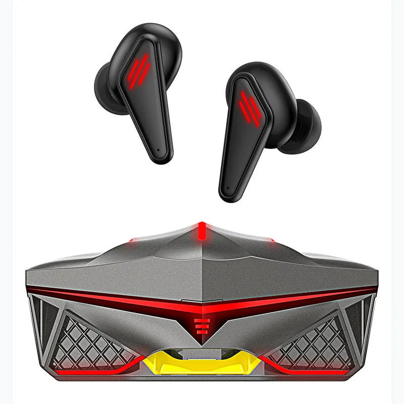 K98 Black TWS wireless gaming earphones with charging case on a dark surface.