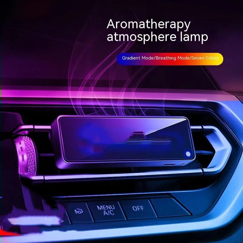 Black car aromatherapy unit with LED light for air outlet mounting and fragrance sticks