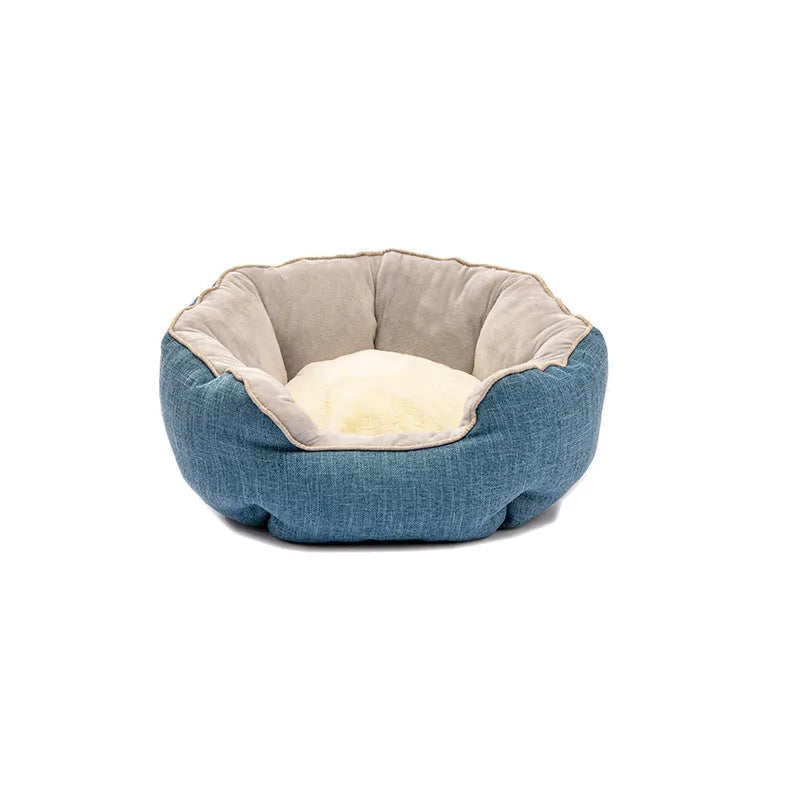 Octagonal pet bed with removable mats in blue colour with soft wool point design