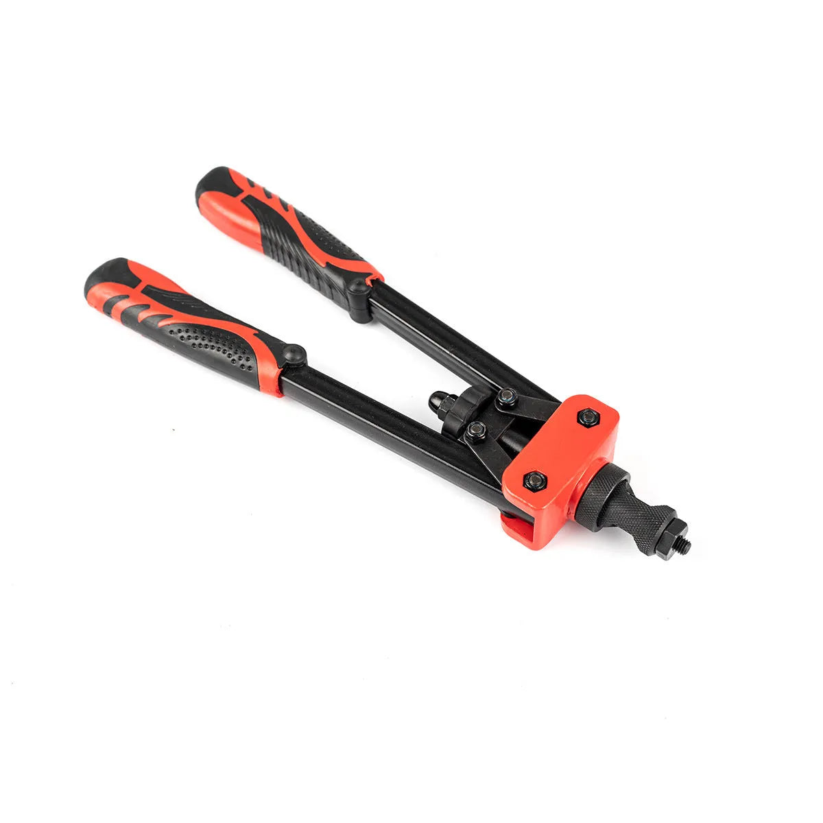 CQ14 14-inch manual rivet nut gun with six interchangeable tips for M3 to M10 threads on a workbench.