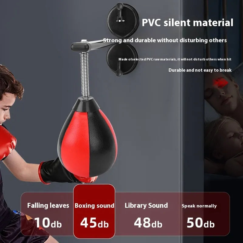Red and black pear-shaped inflatable boxing ball with elastic cord and suction cup mounting system