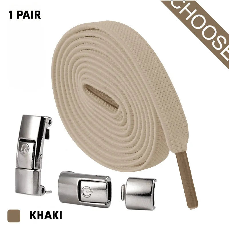 Set of press lock elastic no-tie shoelaces in 8mm widened flat design on a white background.