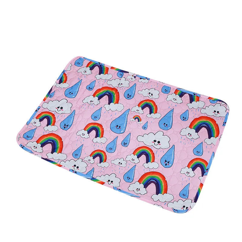 Washable waterproof pet training pad showing printed design options and size comparison