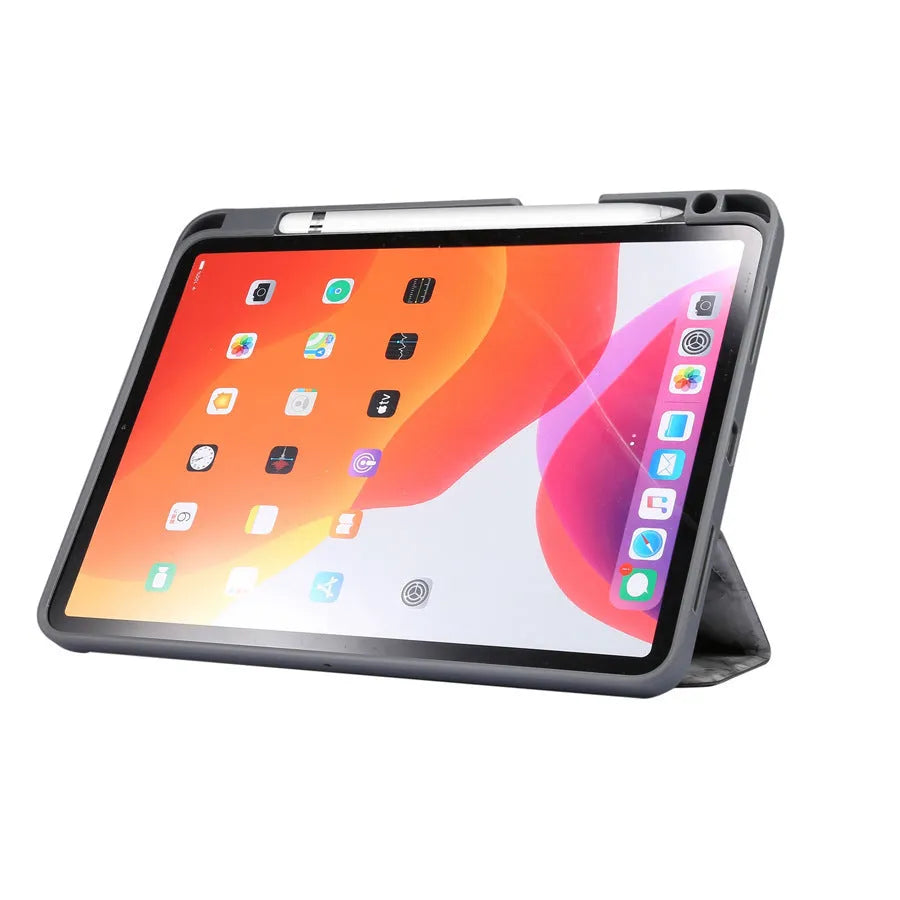 Tri-fold marbling design iPad case in dark grey with a visible pen slot on the side.