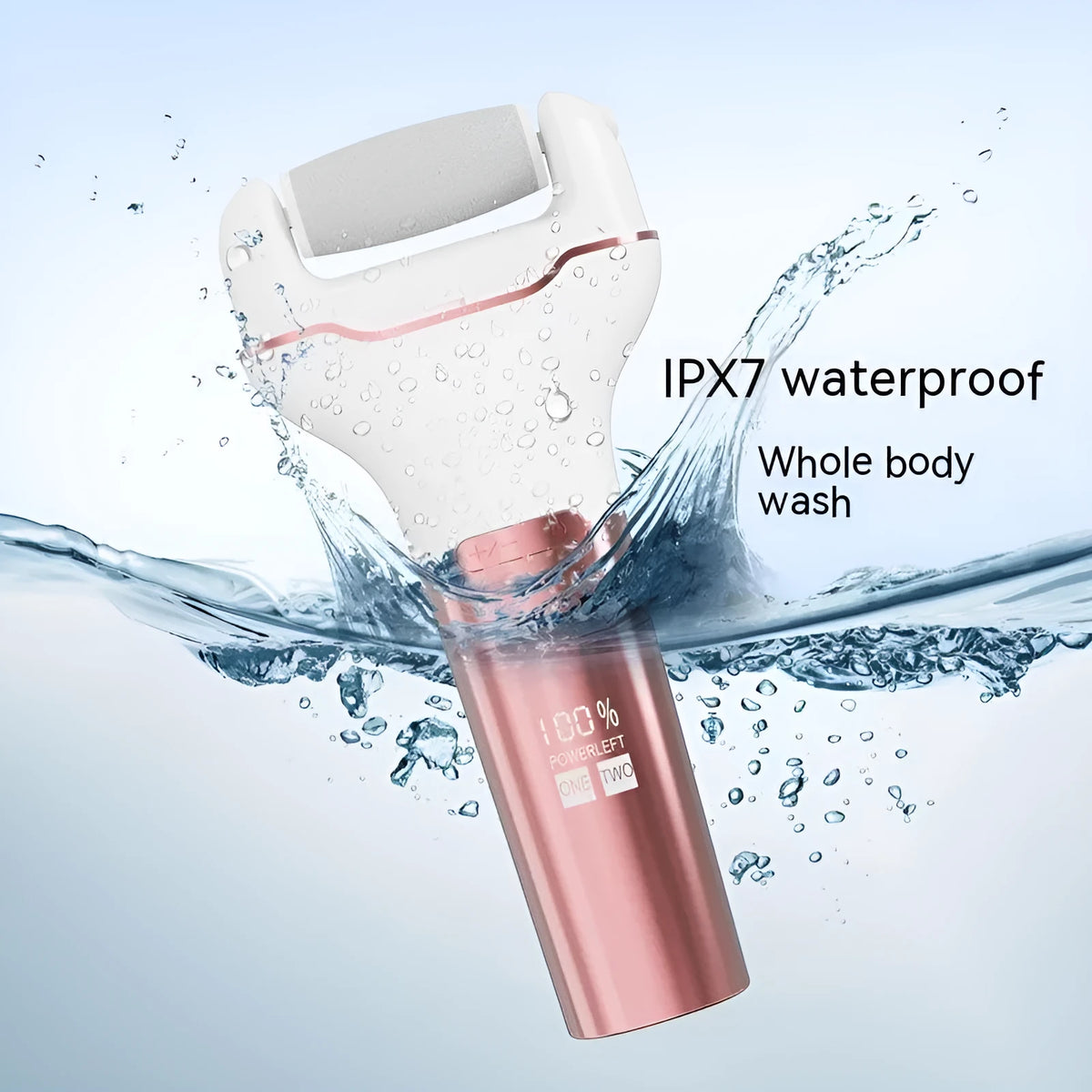 Electric foot grinder with digital display and waterproof body, 173x80x30mm, Rose Pink or Dark Blue, USB powered.