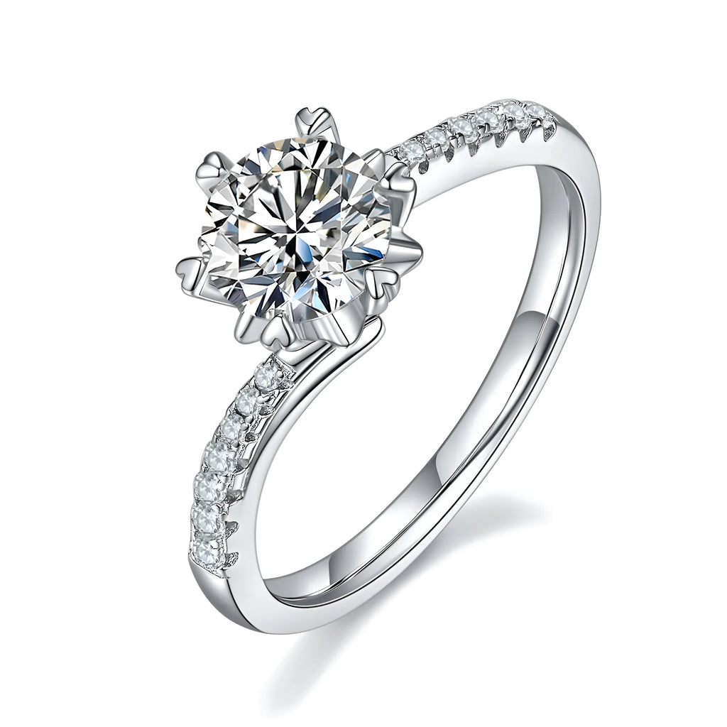 Snowflake Dance wedding ring set with 1 carat moissanite, S925 silver platinum-plated, sizes 5 to 9, gift box and GRA certificate