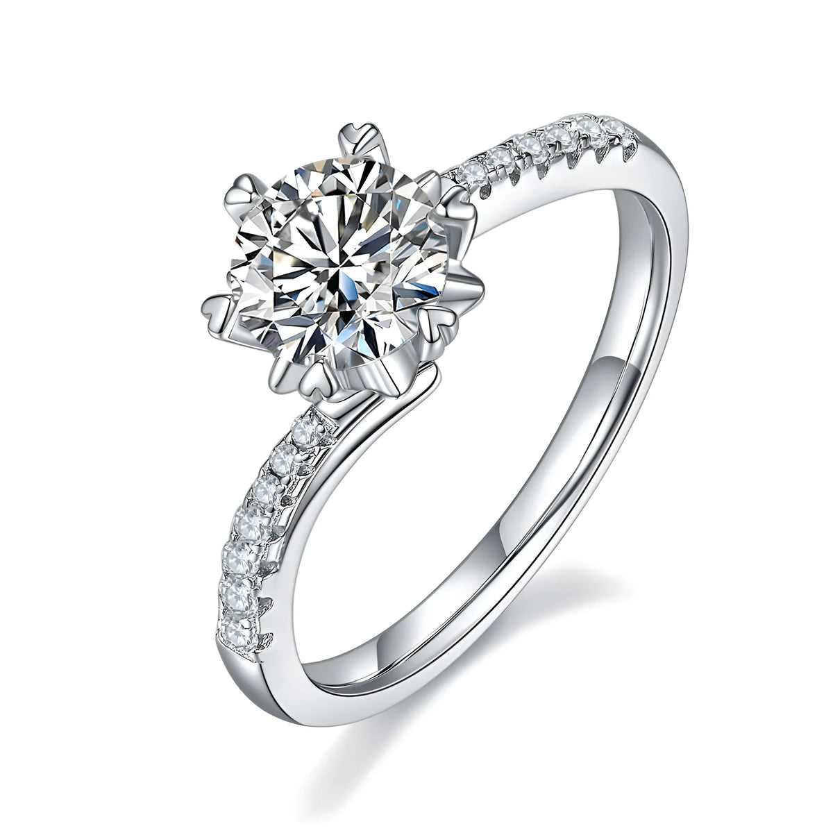 Snowflake Dance wedding ring set with 1 carat moissanite, S925 silver platinum-plated, sizes 5 to 9, gift box and GRA certificate