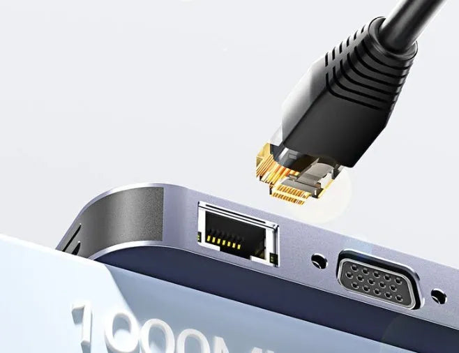 11-in-1 aluminium USB-C expansion dock with a 20cm cable, showing Ethernet, HDMI, USB, and card reader ports.