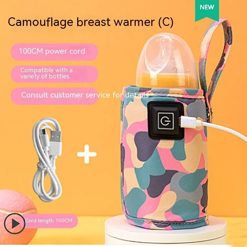 Portable cloth bottle warmer sleeve with silicone alloy heating wire for kids, camouflage pattern, 55-75mm inner diameter