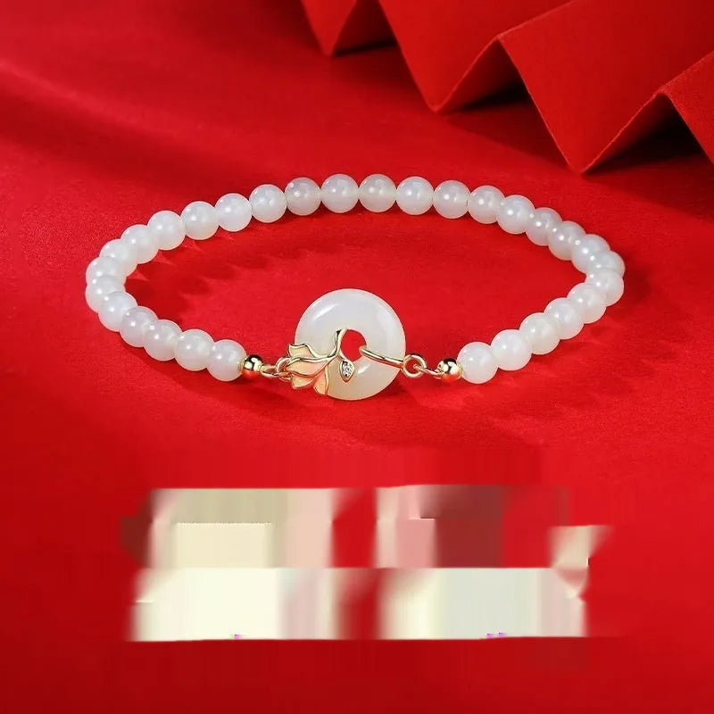 Orchid Hetian Jade S925 sterling silver magnolia round beads bracelet Chinese style for women B1893