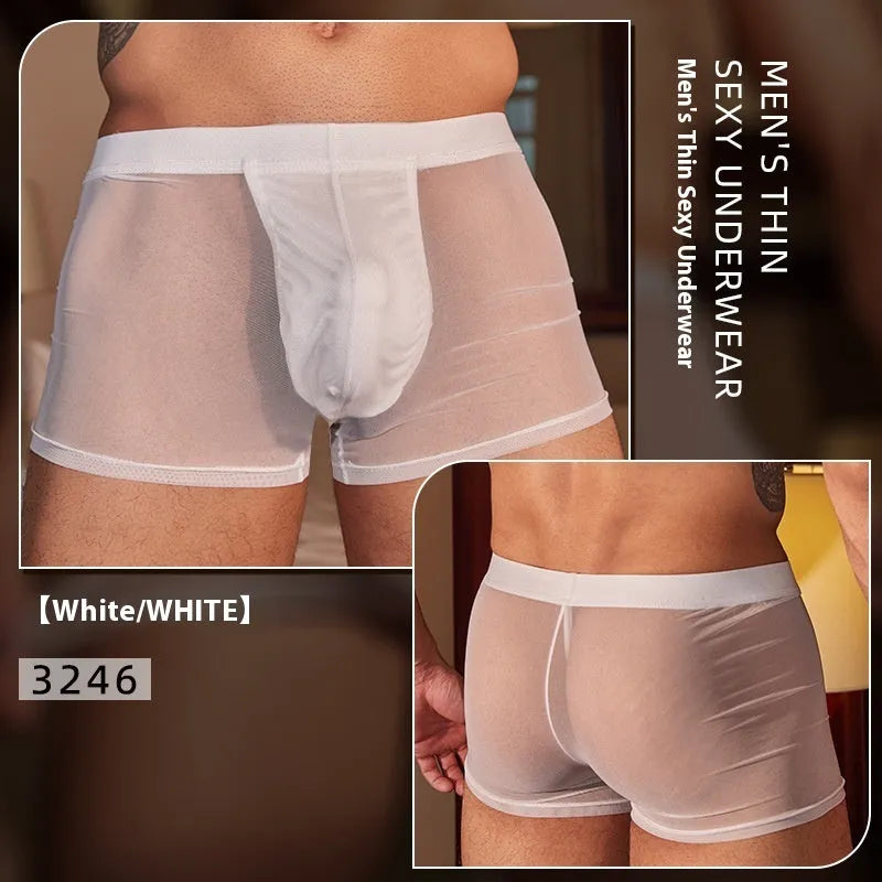 A pair of men's black ultra-thin nylon boxer briefs laid flat, showing free-size fit.