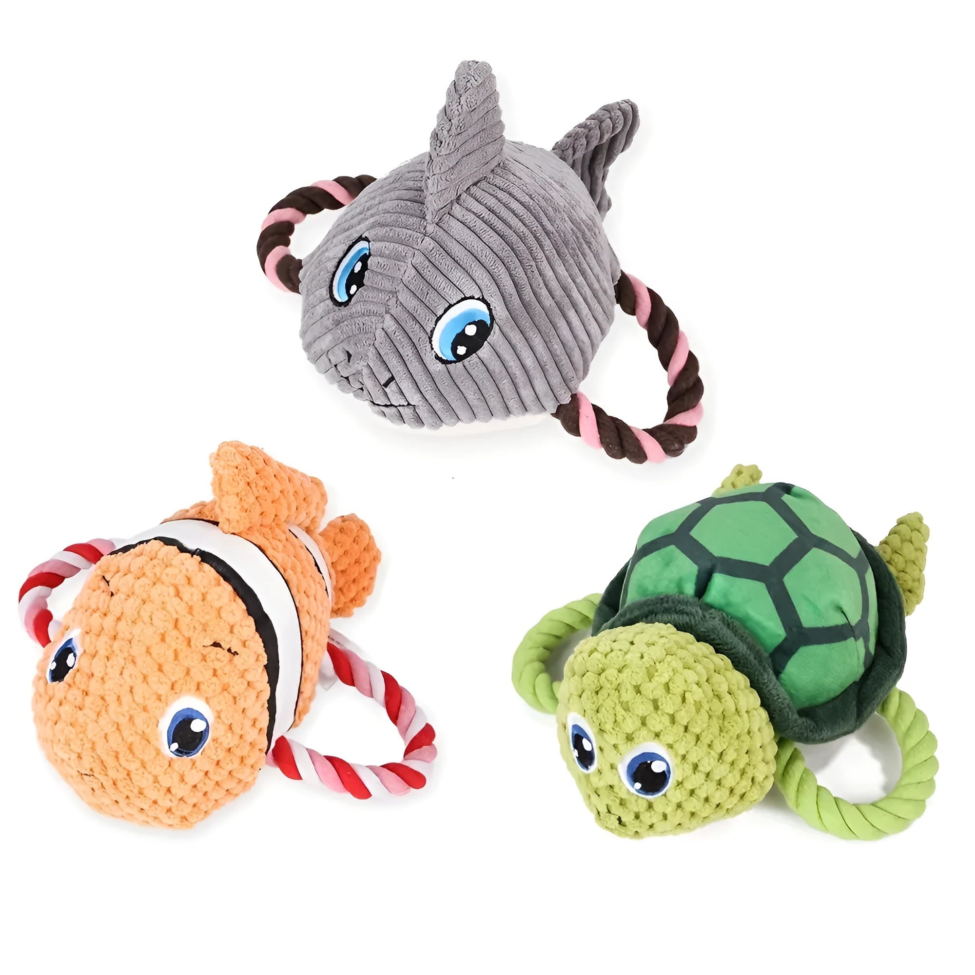 Turtle-shaped plush dog toy with knotted interior and squeaker in grey, green and orange colours