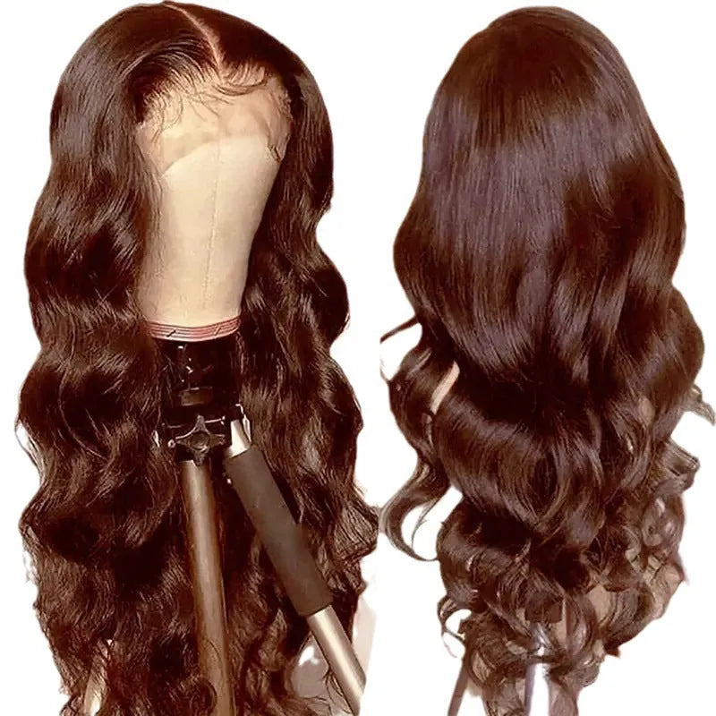 Women's dark brown long curly front lace wig with side bangs, shown on a model.