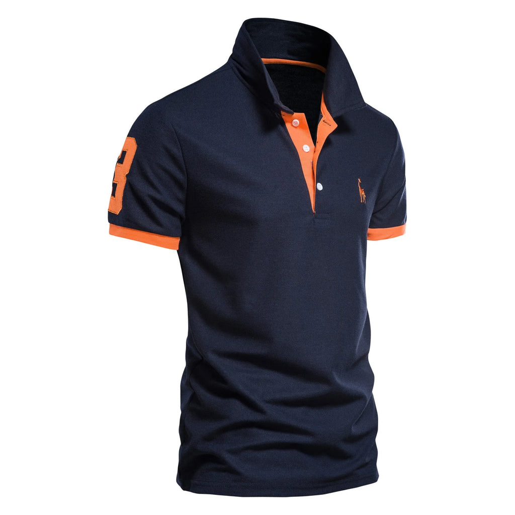Men's slim fit embroidered short sleeve T-shirt in a cotton blend fabric on a hanger.