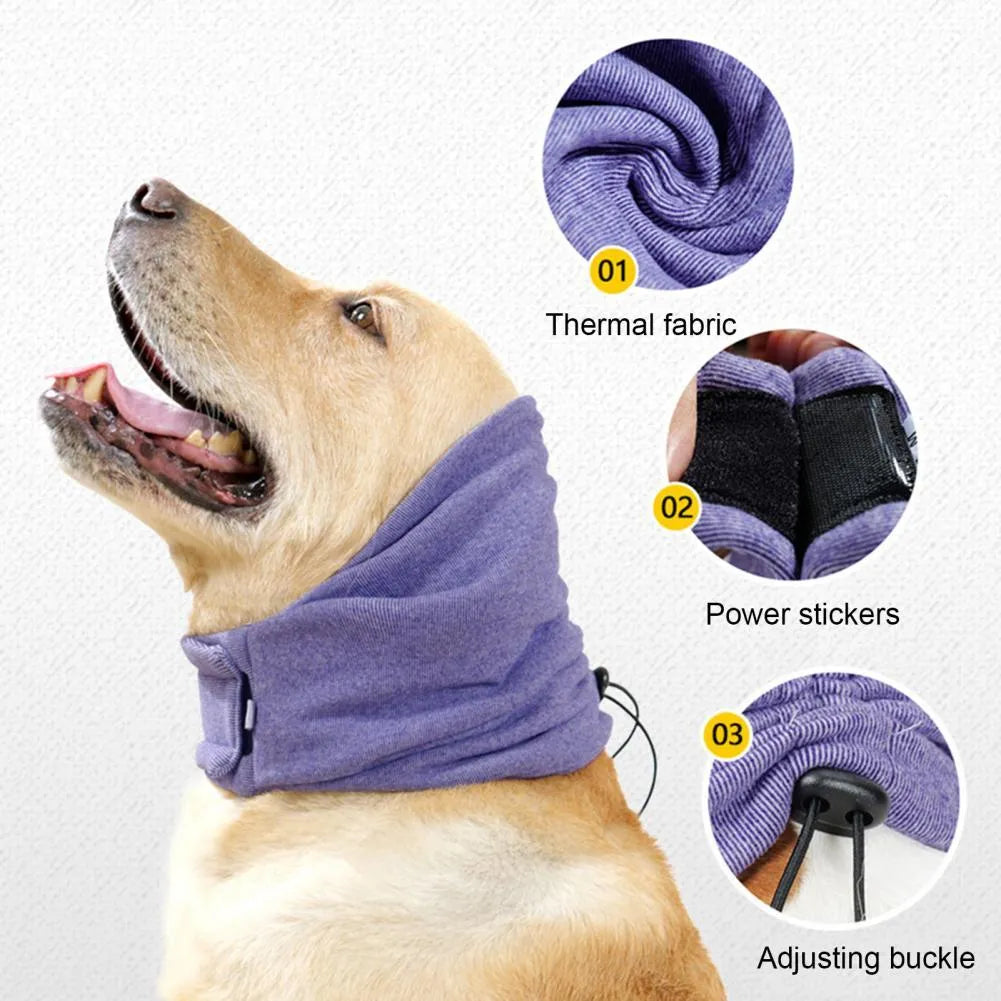Dog wearing black calming hoodie covering ears with multi-purpose design for noise reduction and hair management