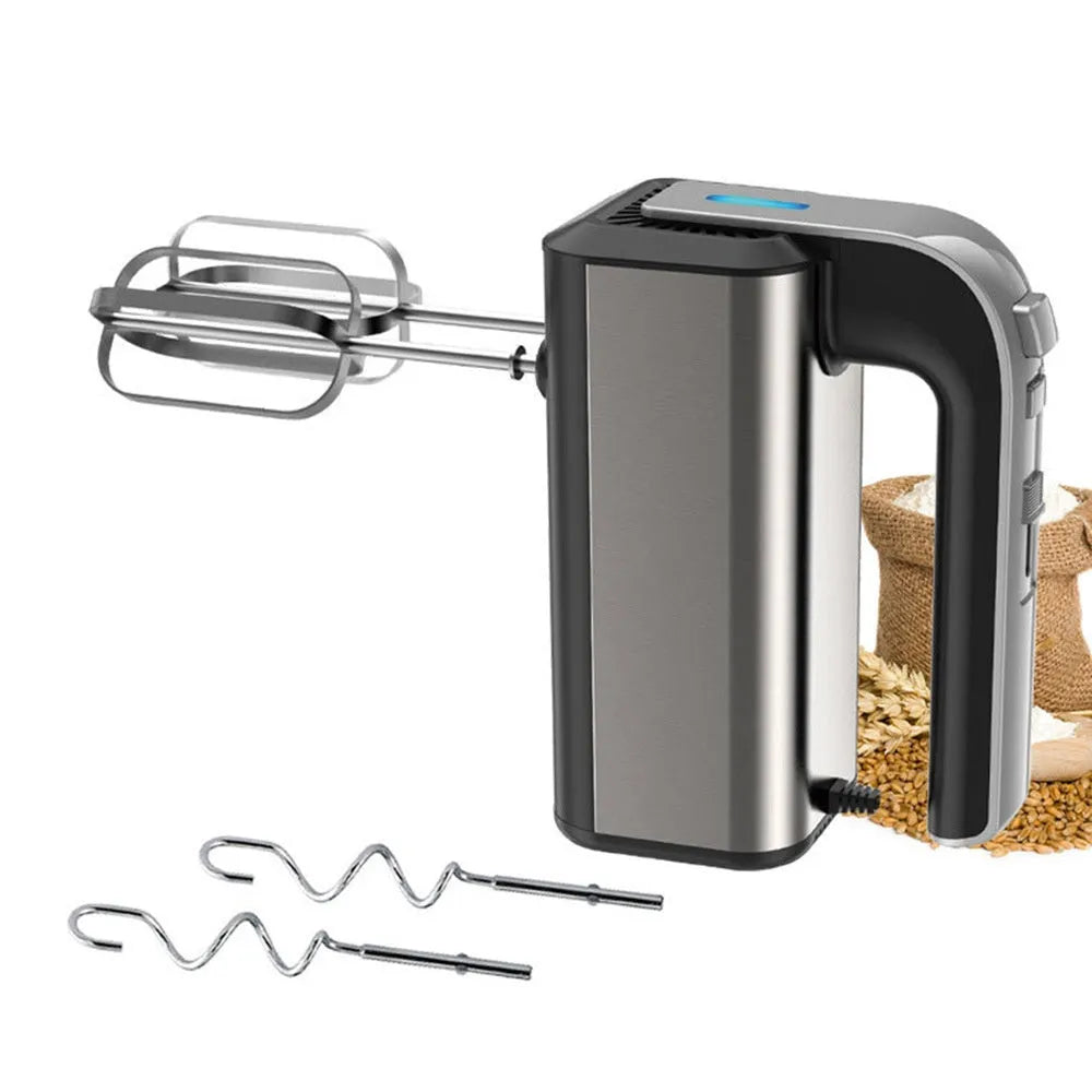 Silver handheld electric food whisk with stainless steel beaters and 5-speed control dial.