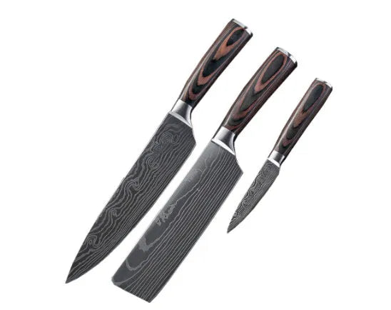 Chef knife with laser Damascus patterned blade and colour steel handle, length 30cm
