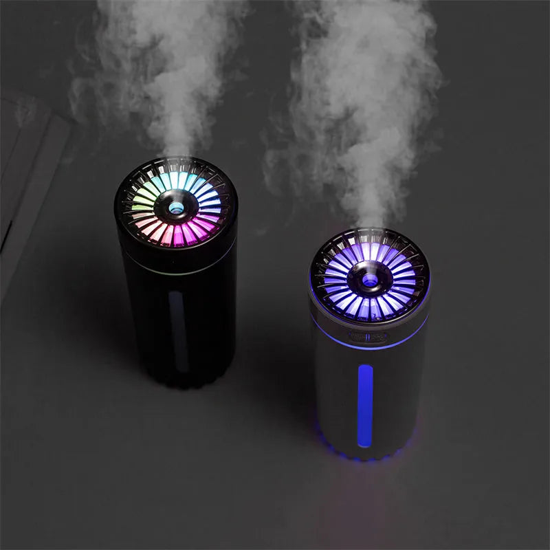 Wireless air humidifier with colourful lights on a car cup holder, 800mAh rechargeable cool mist maker