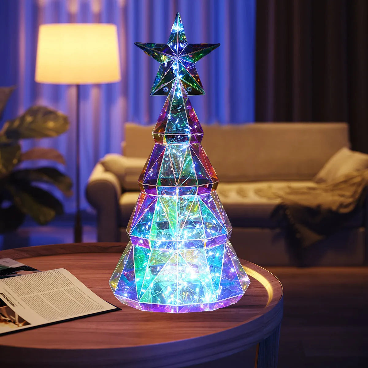 Colourful cartoon-style Christmas tree light made of PET, dimensions 14.5 by 4.8 by 20cm.