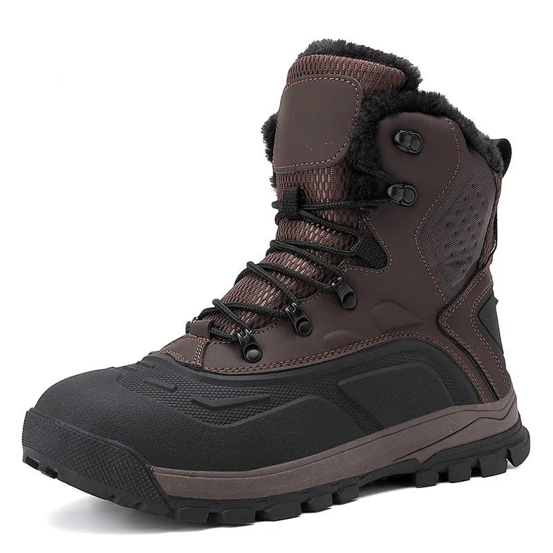 Men's black high-top lace-up boots with a fleece-lined interior and flat heel, shown from the side.