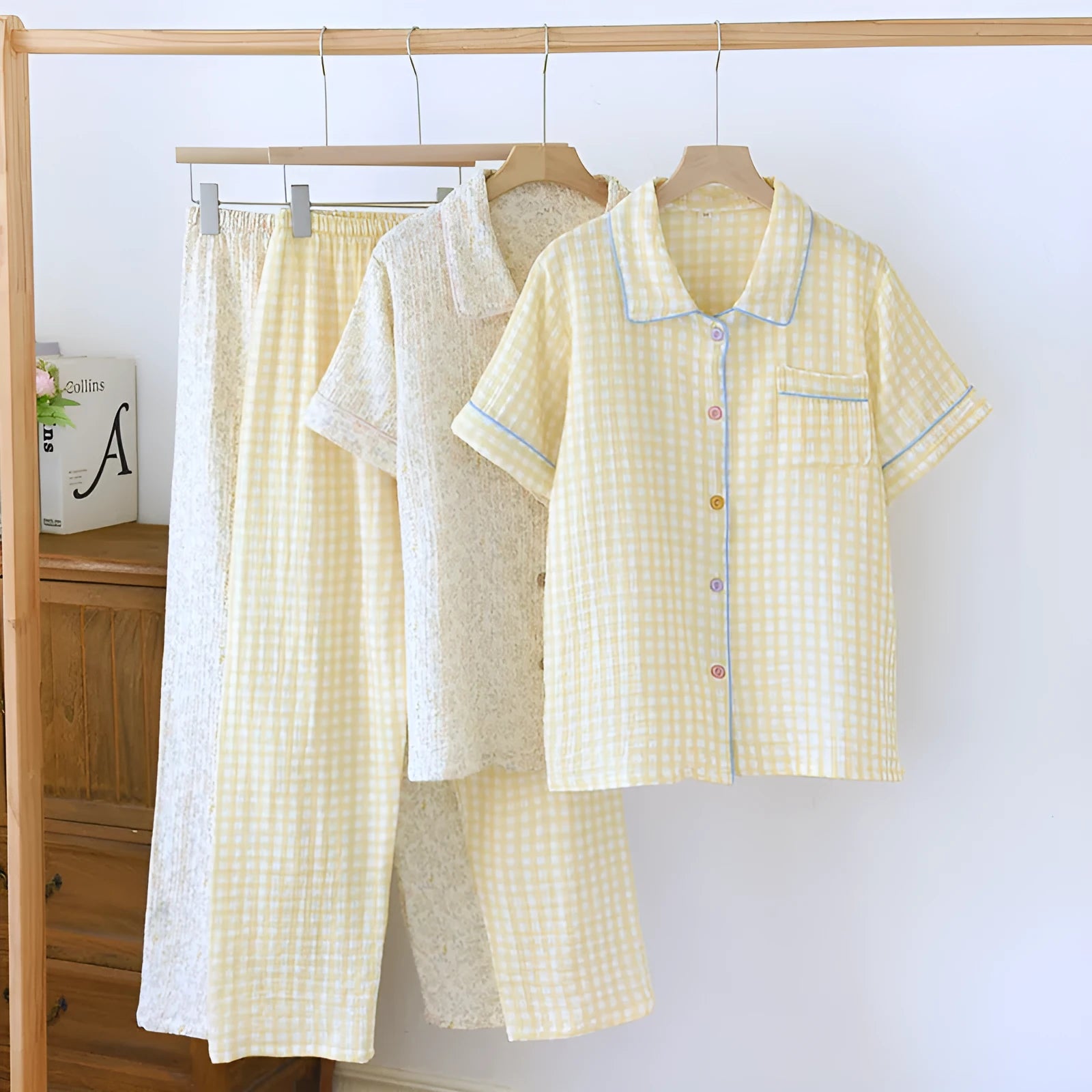Women's yellow plaid printed short-sleeved top and loose trousers casual cotton gauze outfit set.