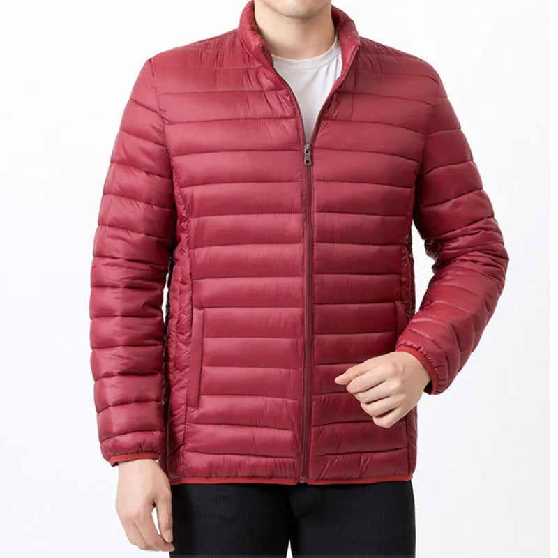 Men's lightweight quilted stand collar winter coat in black, down cotton filler, medium length 65cm, sizes M to 10XL