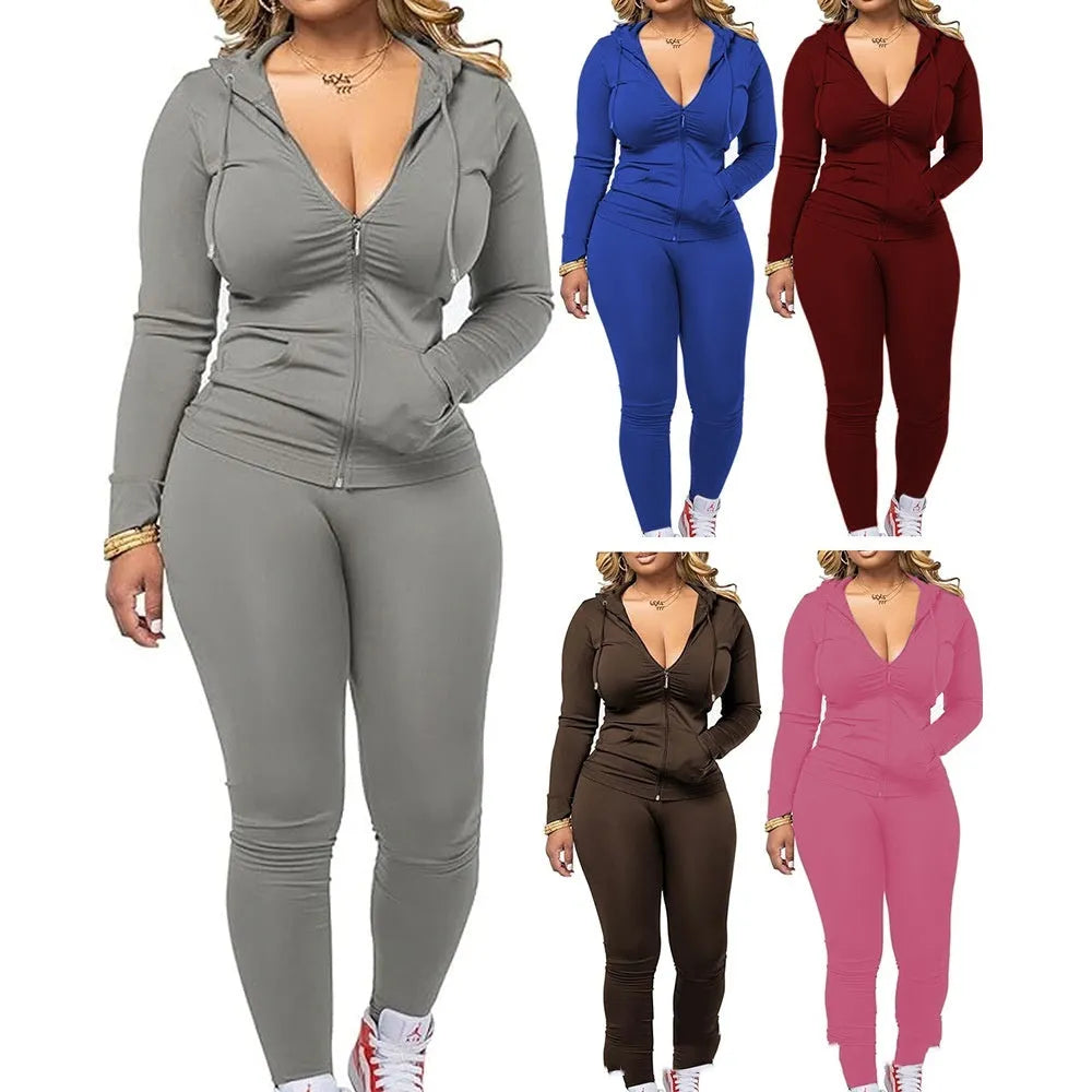 Women's casual milk silk fleece two-piece hoodie and pants set in black with full zip and drawstring hood
