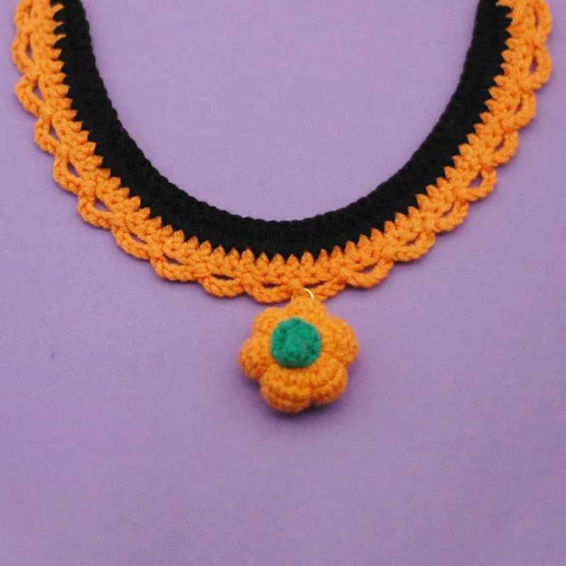 Hand crocheted wool Halloween pet collar with adjustable sizing for cats and dogs