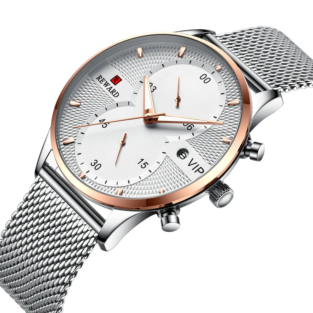 Men's waterproof quartz business watch with 45mm round dial, stainless steel strap, and calendar display on a white background