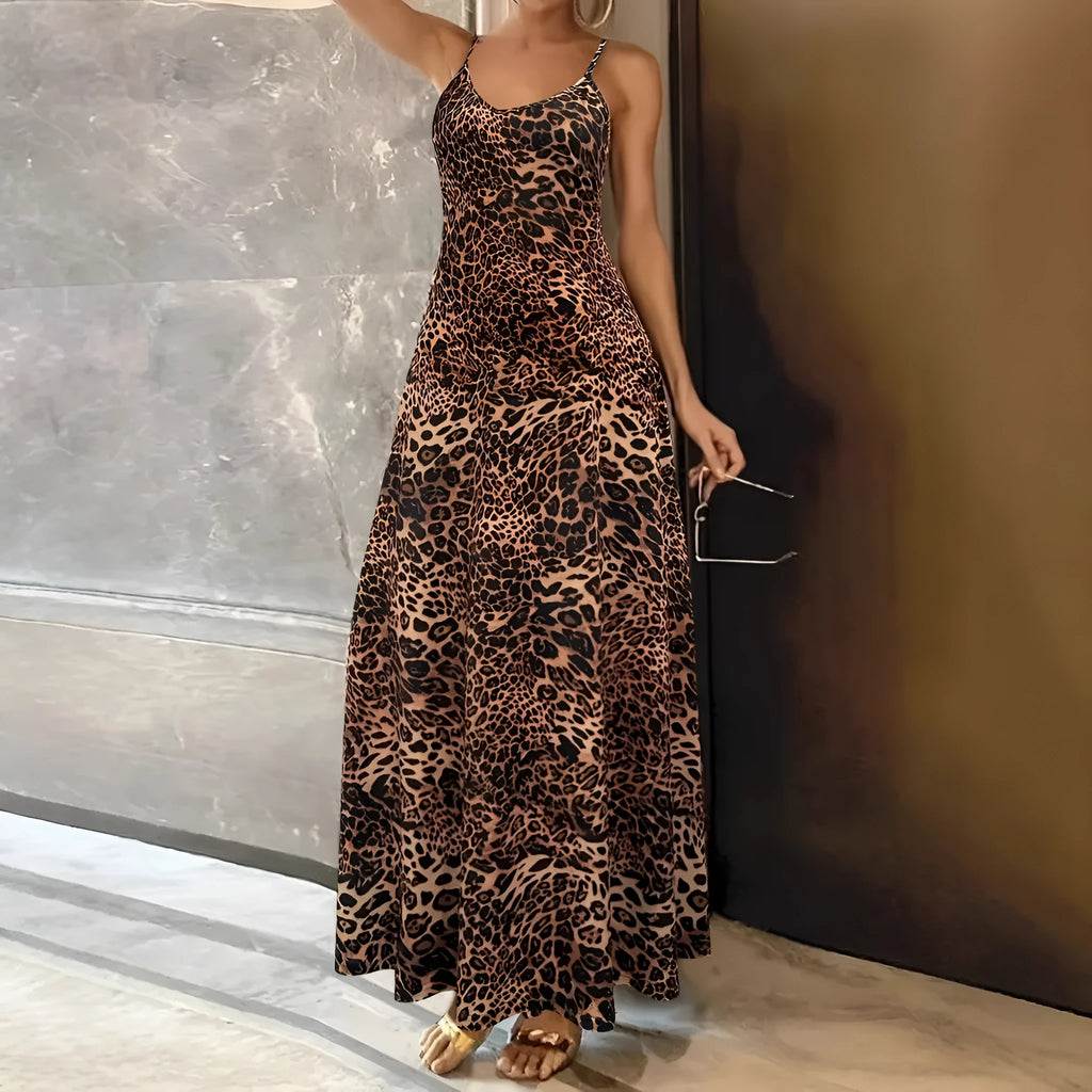 Dark brown leopard print sleeveless casual dress with shoulder straps and long skirt